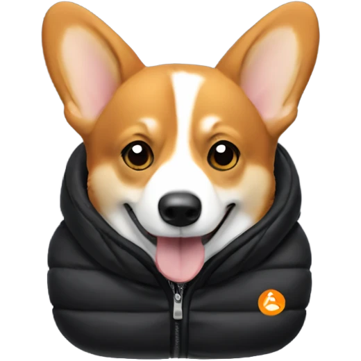corgi wearing a black puffer jacket with a small orange YC logo on the left chest emoji