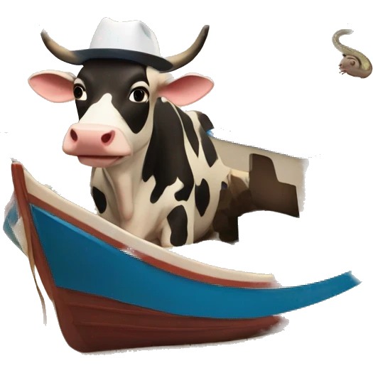Cow with a hat on a boat in the sand with a snake on a car with a huge building next to it emoji