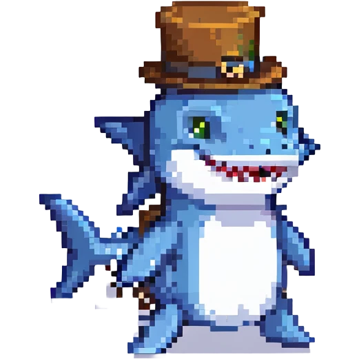 pixel art shark, blue, with a fancy tophat emoji