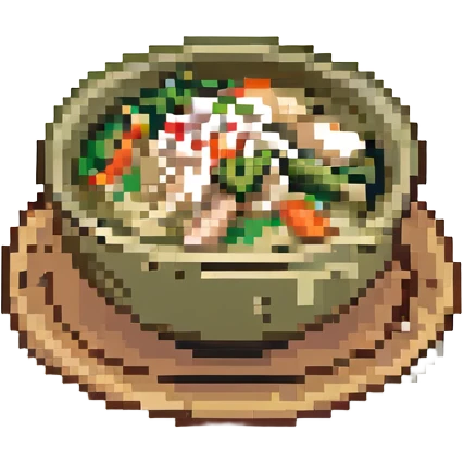 pixel art style thai green curry, with chicken and vegetables in a bowl, retro game style emoji