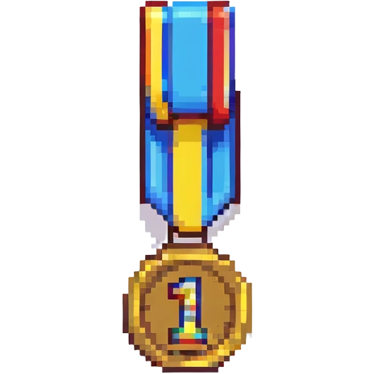 pixel art badge for first place with a gold medal featuring number 1, pixelated style emoji