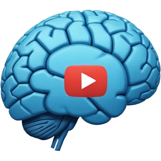 Minimalist flat icon design, brain silhouette with YouTube play button triangle integrated inside, clean vector style, single color or gradient, simple lines, professional logo style, white background, centered composition emoji