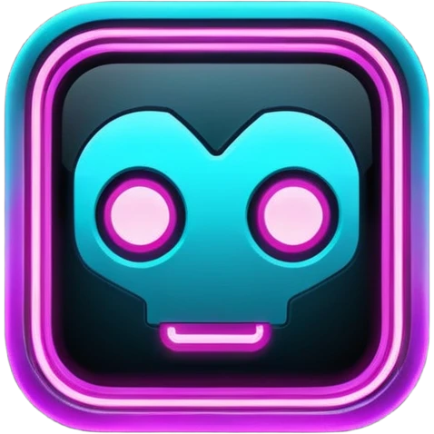 A neon, cyberfunk app logo, square, with "yyy" emoji