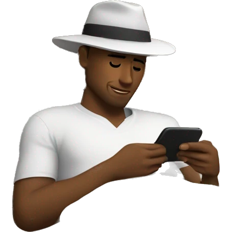 White men laying in bed, looking on his phone and one arm behind the hat emoji