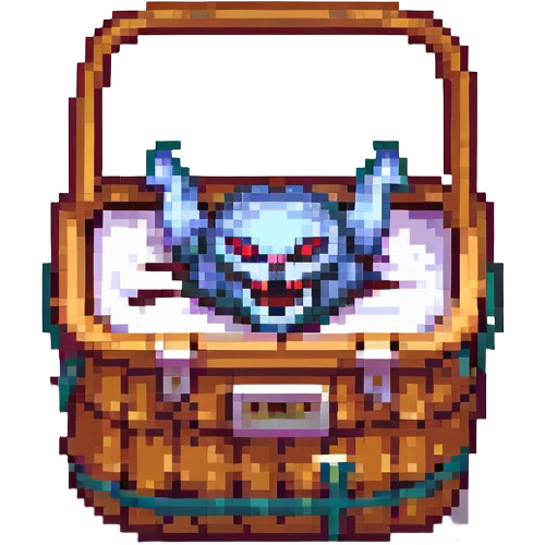 a pixel art style picnic basket mimic with a small basket, lid open showing sharp teeth inside, glowing red eyes, retro video game monster emoji
