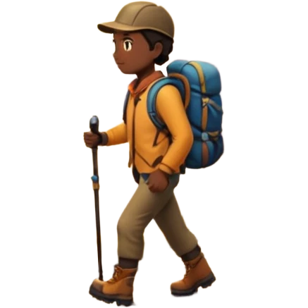 A 3D cartoon hiker silhouette standing on a rocky path at sunset, warm golden light, Memoji-style rendering. inside photo frame. emoji