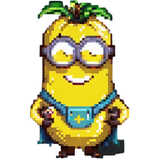 happy Minion pixel art character, holding a banana, big smile emoji