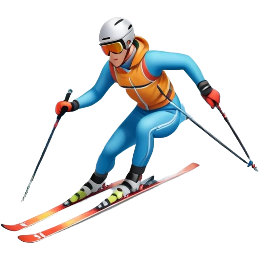 An icon featuring a skier racing down a snow-covered slope, surrounded by snowy peaks and pine trees. The design includes ski poles, bright winter gear, and dynamic motion lines, capturing the thrill and speed of alpine skiing. Transparent background emoji
