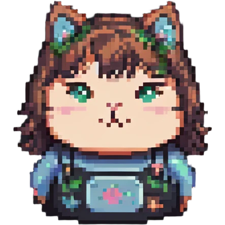 short chubby girl with a cat face emoji