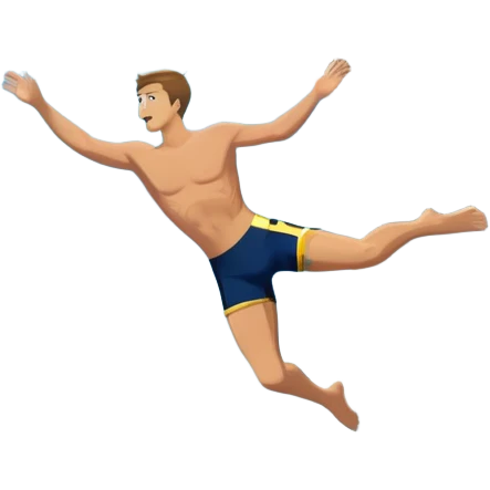A diver mid-air, plunging from a high cliff into the sparkling ocean below. The background features rugged cliffs, clear blue water, and a bright sky, emphasizing the excitement and danger of the sport with a sense of freedom and adventure. emoji