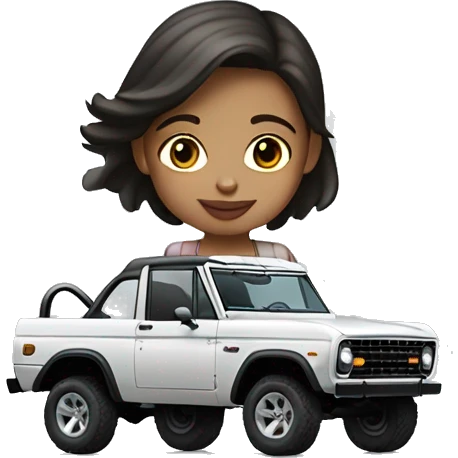 Girl with dark brown hair on a light grey Ford Bronco four door emoji