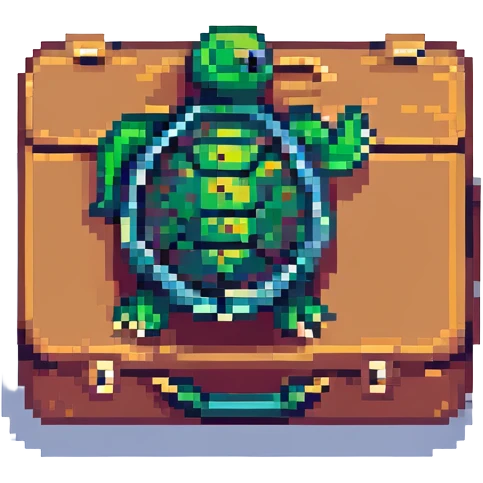 tortue qui part en voyage, style pixel art, avec valise, ambiance aventure emoji