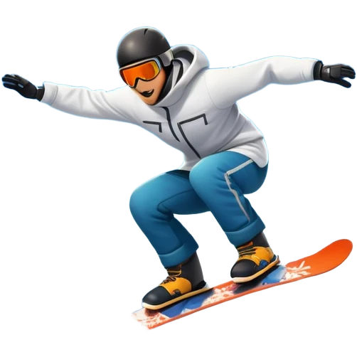 An icon showing a snowboarder performing an exciting jump on a snow-covered slope. The background features towering mountains, snow-covered trees, and a bright, clear sky. Transparent background highlights the speed, agility, and thrill of snowboarding. emoji