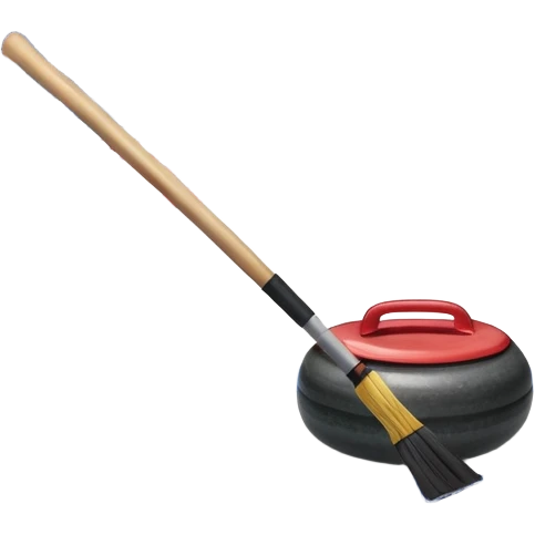 An icon showing a detailed close-up of a curling stone sliding across the ice, with a broom in motion beside it. The background features an indoor stadium with cheering spectators on the stands. Transparent background captures the strategy and focus of curling. emoji