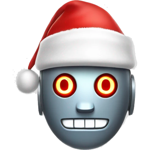 Emoji-style robot head with glowing eyes, wearing a festive red and white Santa hat, cheerful and cartoonish. emoji