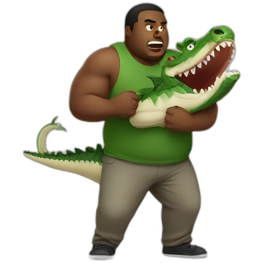 a fat bold black man fighting with a crocodile emoji