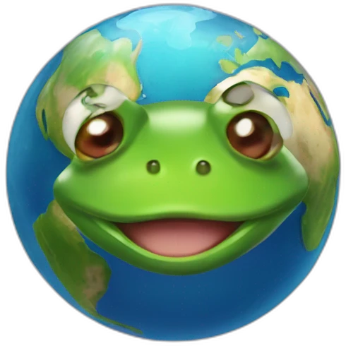 planet Earth with a cartoon saluting frog face emoji