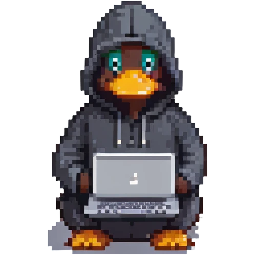 black rubber duck with tiny hoodie and a laptop, hacker emoji