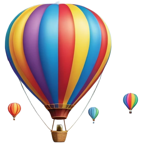 a clear sky and distant hills in the background with A colorful hot air balloon floating gracefully above the ground. The balloon's vibrant colors stand out against the soft clouds, capturing the peaceful yet adventurous spirit of hot air ballooning. emoji