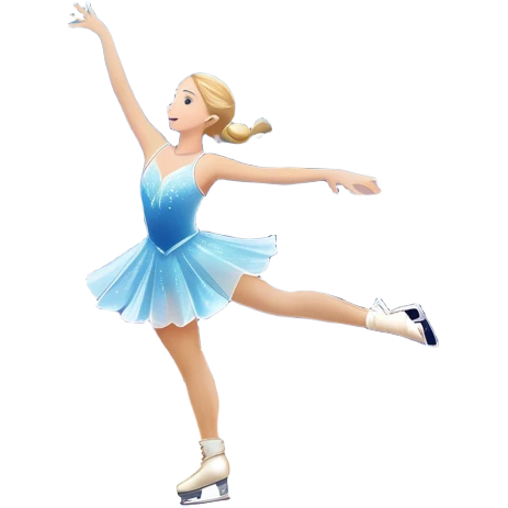 An icon featuring a shimmering rink, colorful spotlights, snowflakes gently falling from the sky, and an audience in the stands, with a snowy landscape visible through large windows with a graceful figure skater performing a spin on a sparkling ice rink. Transparent background. emoji