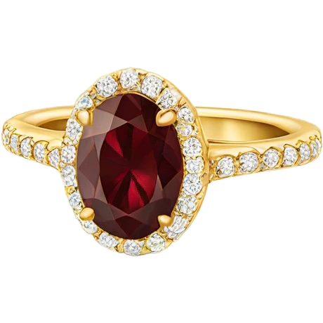 Gold oval engagement ring with burgundy diamond emoji