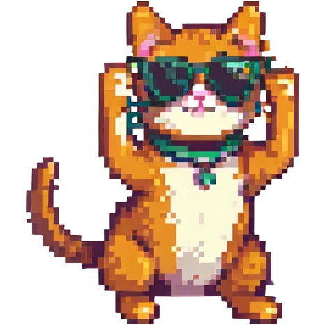 Cat wearing sunglasses in a playful stretching pose, pixel art style, no background. emoji