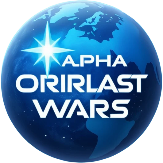 The image is a sci-fi poster with glowing blue text that reads “ALPHA ORIONIS WARS.” A bright blue planet or star glows at the bottom, and the word “STARBLAST” appears below. The design has a futuristic, space-themed look. emoji