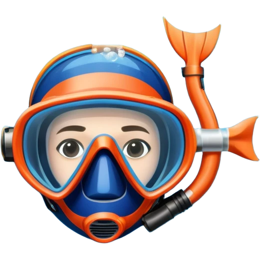 An icon featuring a close-up of a freediving mask and snorkel, with a breath-holding diver's fins, set against a vibrant underwater world. The design includes coral reefs, fish, and bubbles, symbolizing the serene beauty and thrill of freediving. Transparent background highlights the calm emoji