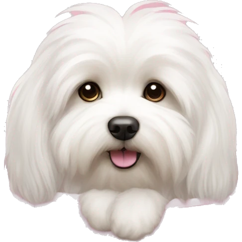 Long haired Coton de Tulear dog with pink harness and pink hair bow, sitting in a pink dog bed emoji