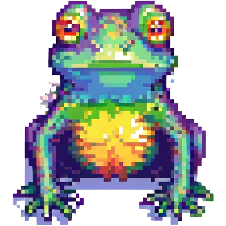 a sad frog in pixel art style, rainbow-colored skin, glitch effects emoji