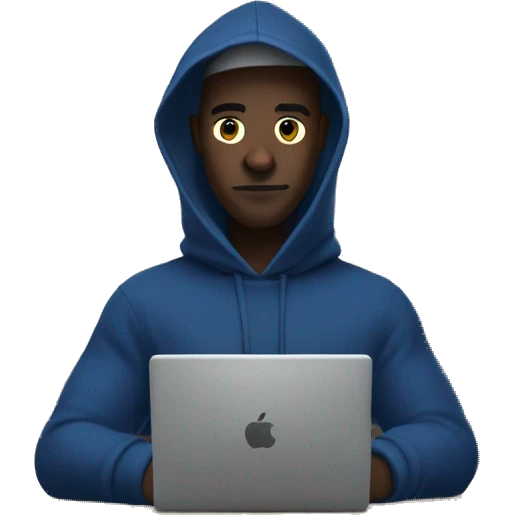 A man in a dark blue hoodie with a capelet on his head, his face not visible in the shadows, is sitting at a computer. emoji