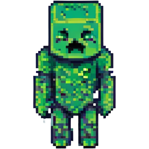 Minecraft creeper, 3D isometric, green pixelated body, black square face features, simple and iconic emoji