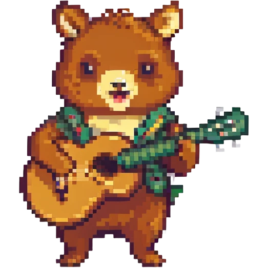 playful animal strumming a ukulele, pixel art style emoji