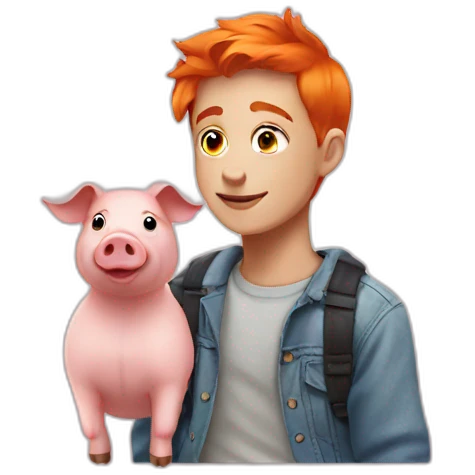 A teenager with orange hair and a pig near emoji