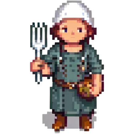 pixel art Twitch emoji of a simple and expressive peasant holding a fork emoji