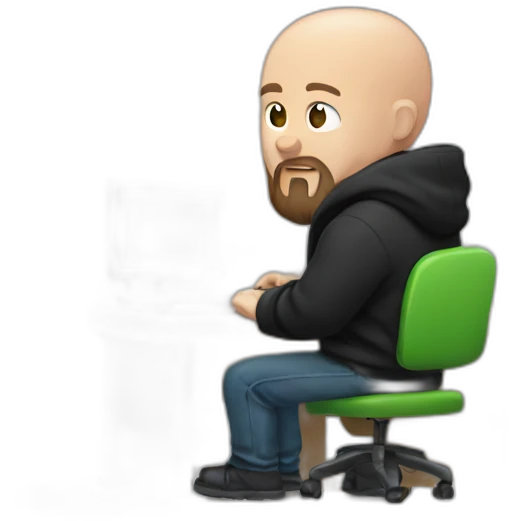 bald white man and a black beard typing on apple computer wearing a black hoodie emoji
