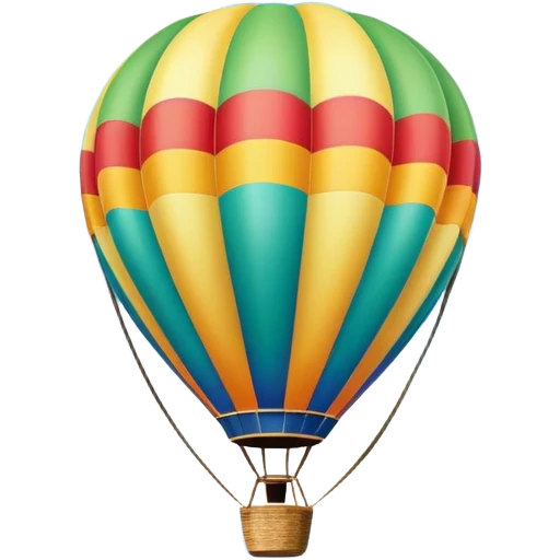 A colorful hot air balloon floating gracefully above the ground, with a clear sky and distant hills in the background. The balloon's vibrant colors stand out against the soft clouds, capturing the peaceful yet adventurous spirit of hot air ballooning. emoji