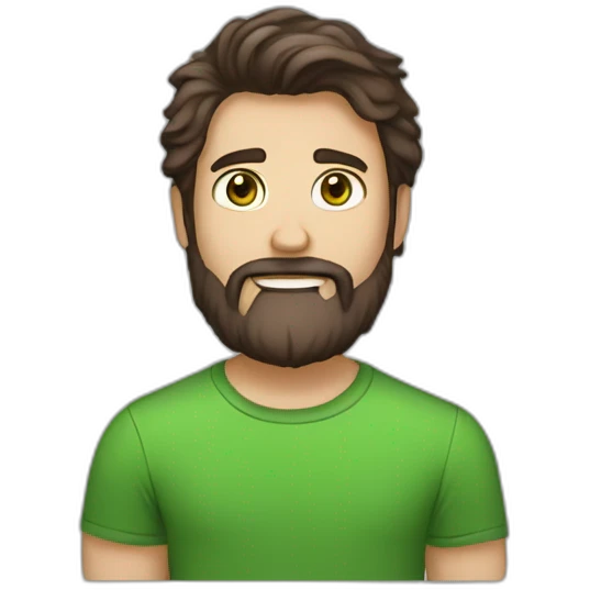 one white guy with dark brown longhair greeneye beard blacktshirt thumbup emoji