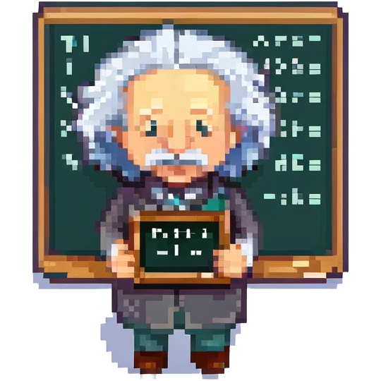 pixel art of Einstein with chalkboard and equations emoji