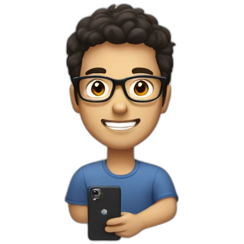 men with short fluffy dark hair and square glasses, bit smilling and looking on phone emoji