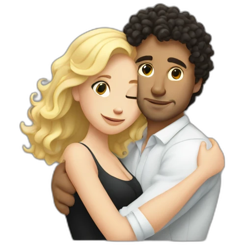 White man with dark curly hair hugging a blonde curvy woman emoji