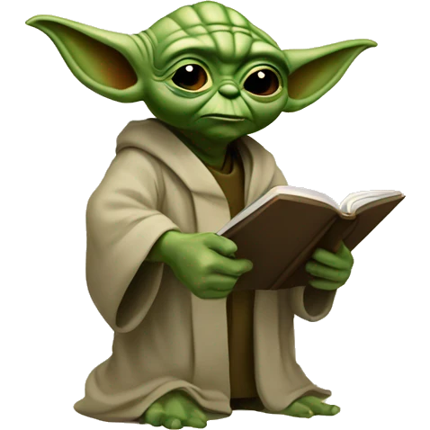 Master Yoda with a magnifying glass is looking in a book emoji