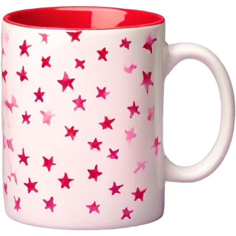 Watercolor  pink ceramic coffee mug with mini red stars all over emoji