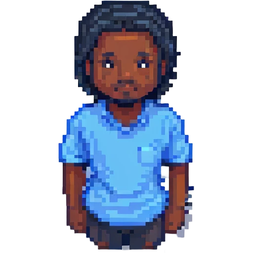 pixel emoji black man, pixel art style, black skin tone, pixelated, 8-bit, wearing a blue shirt emoji