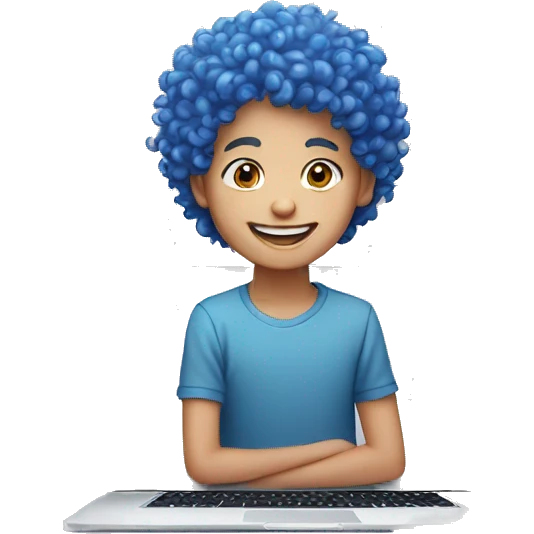 White smiling boy with blue and pink curly hair using a Macbook air emoji