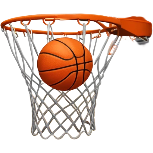 A close-up of a basketball swishing through the hoop, with the net slightly bouncing. The background features a blurred basketball court, capturing the excitement and precision of scoring in the game. emoji