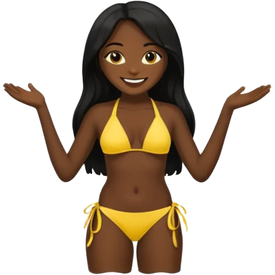 Dark black skin, african girl, long black hair, yellow bikini smiling, full body. emoji