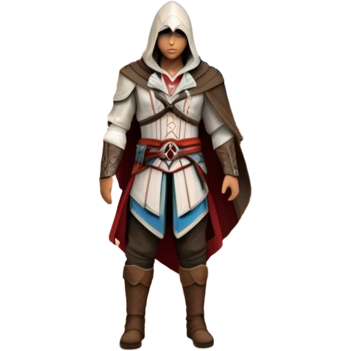 icon featuring Assasin's Creed in an iconic assassin's hood, standing tall against the backdrop of Florence. The design captures the essence of adventure, with intricate details of historical architecture and a sense of mystery. The character is poised, ready for action. transparent background. emoji