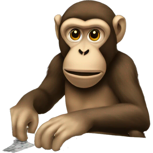 A monkey at a computer. There's a lot of money next to it. emoji