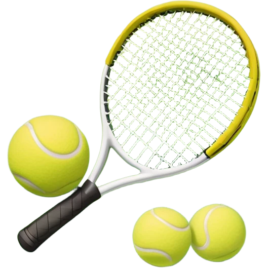 A tennis racket and a ball placed on the ground, with a tennis court in the background. The court lines and net are visible, emphasizing the structure and focus of the sport, creating a dynamic and energetic vibe. emoji